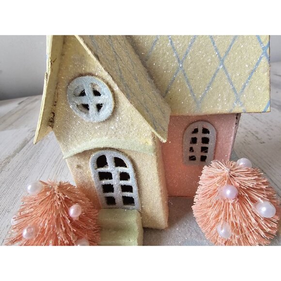 Pier 1 cardboard cottage village house tree spring Easter decor glitter sparkle - Picture 3 of 13